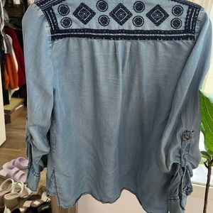 Denim button up shirt with embroidered back